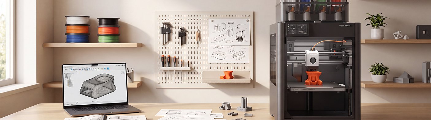 The Morpiq studio — laptop with a CAD model, filament shelf, tool wall and a printer mid-job