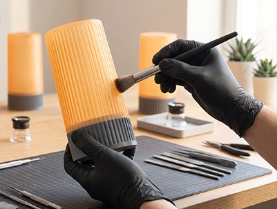 Gloved hands brushing down a freshly printed piece at the finishing bench